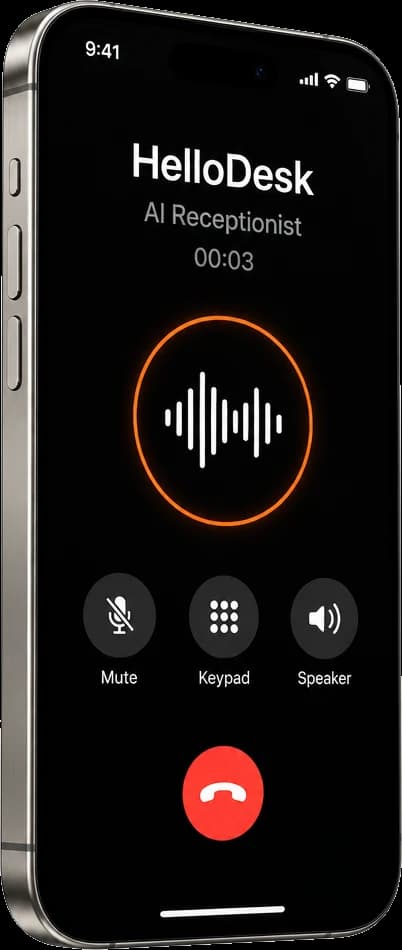 HelloDesk, the AI receptionist, answering the call