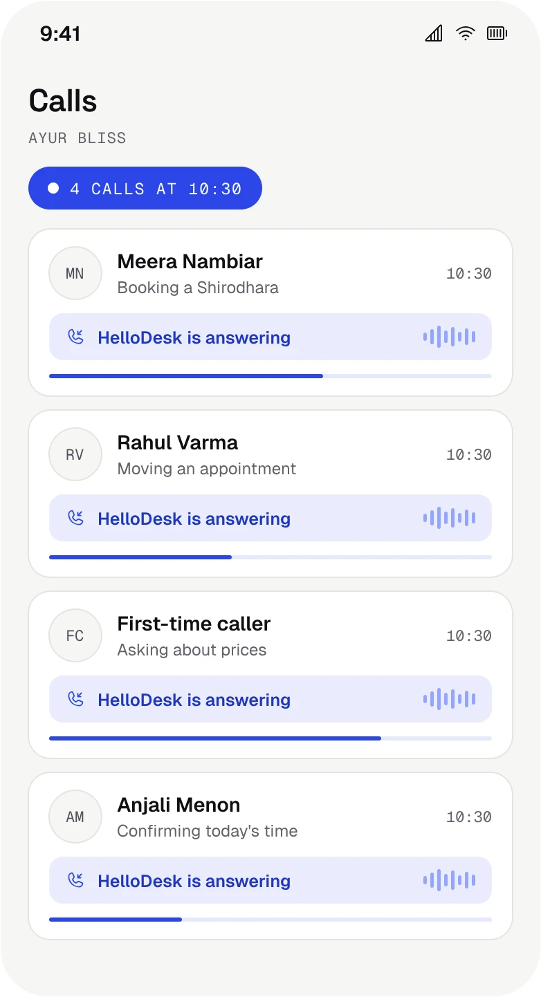 The Calls screen on a phone: four customers calling at 10:30, one being answered by HelloDesk and three already answered