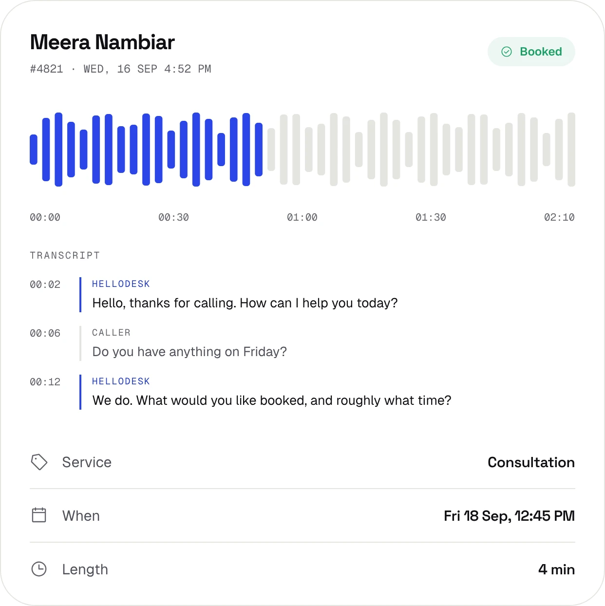 One recorded call: Meera Nambiar, 16 September, booked. The waveform, the first three turns of the transcript, and the outcome: a consultation on Friday 18 September at 12:45, four minutes long