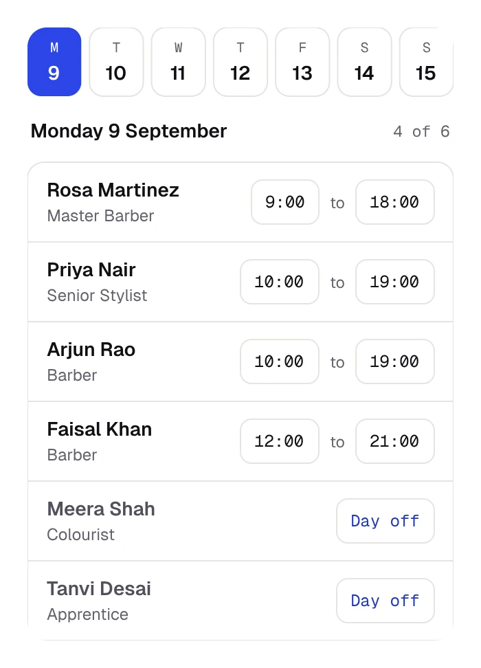A week of staff hours on a phone: Monday 9 September open, four of six working, each person's hours or their day off